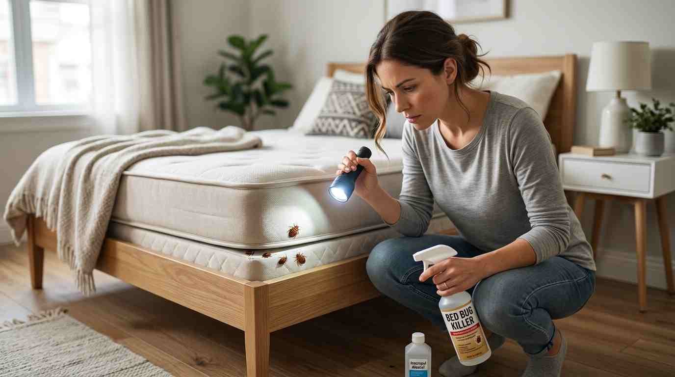 Homeowner checking a mattress for bed bugs in an Ashburn, VA home